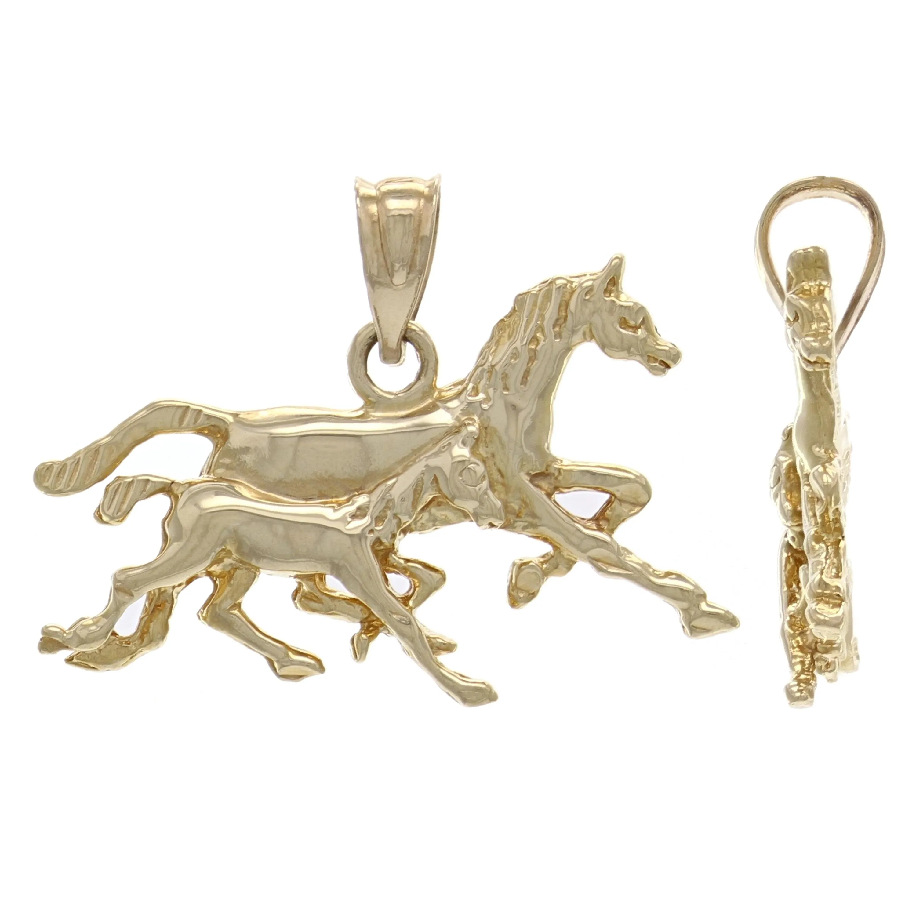 14k Yellow White or Rose Gold Solid Satin Finish Running Horses Charm Pendant