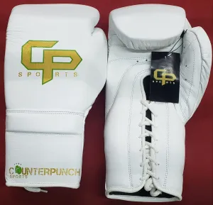 16oz Lace-up Boxing Gloves, White with Gold Logo