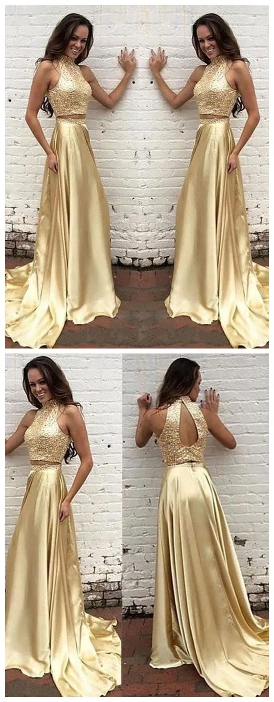 2 Pieces High Neck Open Back Shinning Gold Evening Long Prom Dress, BG51236