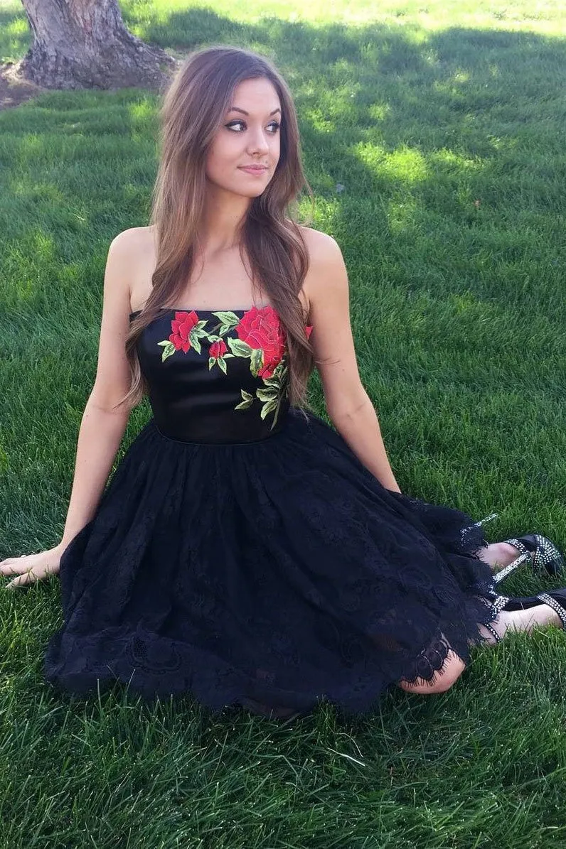 A-line Black Lace Strapless Short Flower Homecoming Dress OKA75