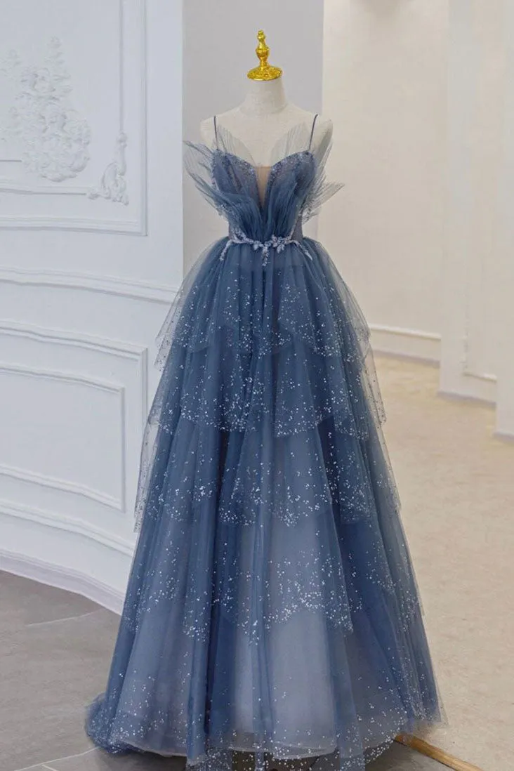 A Line Blue Tulle Long Prom Dress Spaghetti Straps Evening Party Dress OK1170