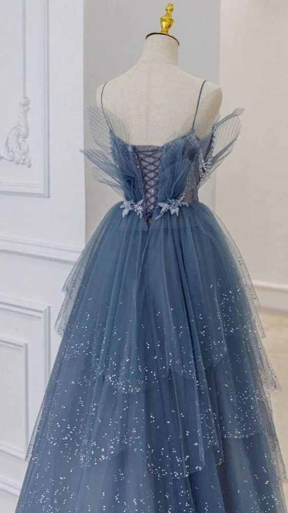 A Line Blue Tulle Long Prom Dress Spaghetti Straps Evening Party Dress OK1170