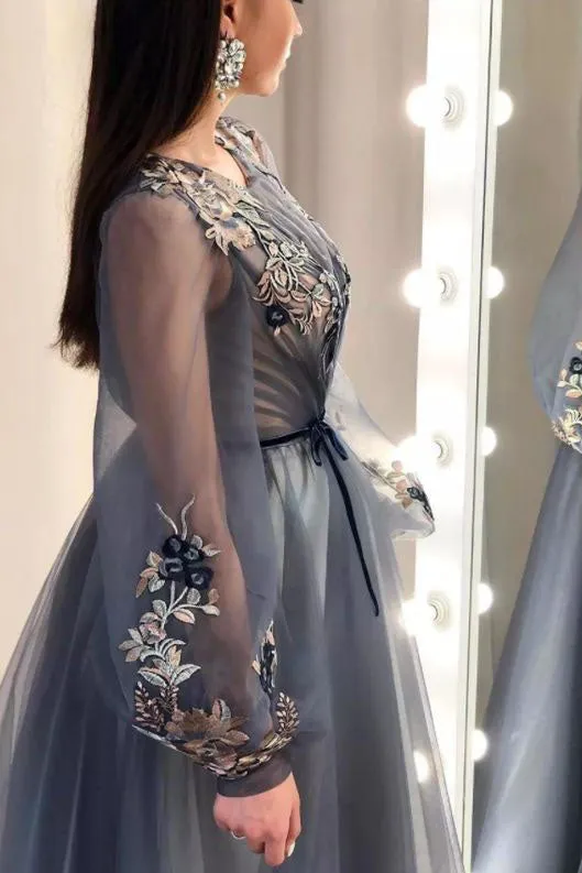A-line Long Sleeves Appliques Prom Dress Formal Evening Dress OKU32