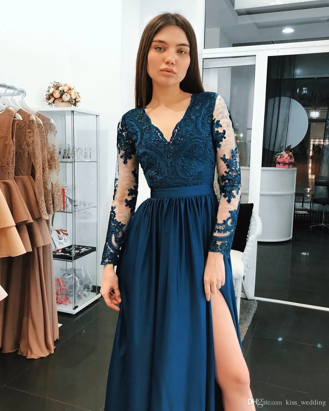 A Line Long Sleeves V Neck Dark Blue Prom Dress With Appliques OKI67