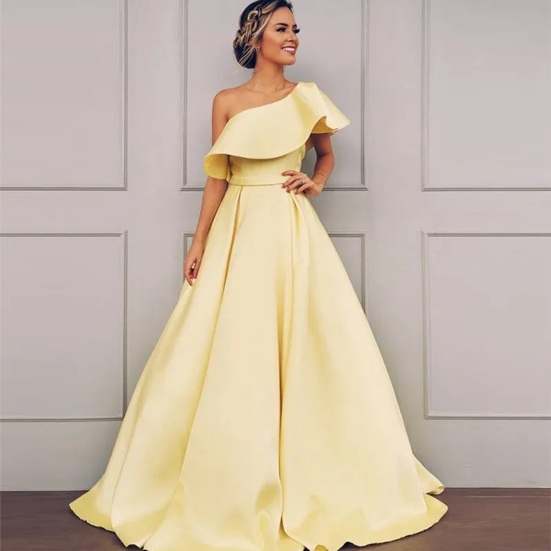 A Line One Shoulder Satin Yellow Simple Prom Dresses With Ruched OKK71