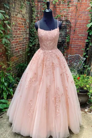 A Line Pink Tulle Lace Appliqued Long Prom Dress With Straps OK1041