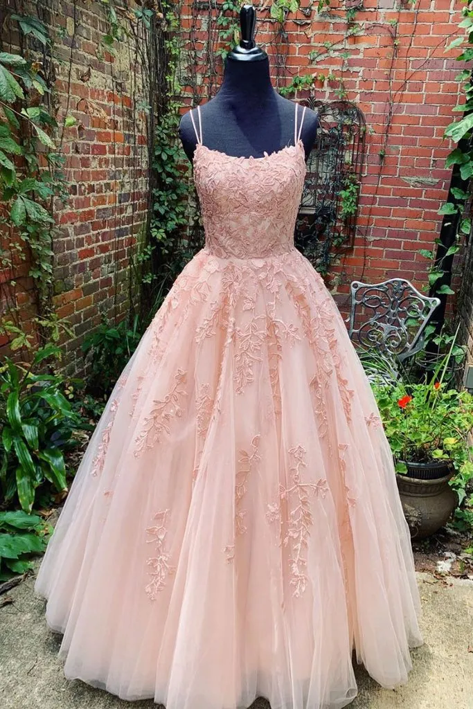 A Line Pink Tulle Lace Appliqued Long Prom Dress With Straps OK1041