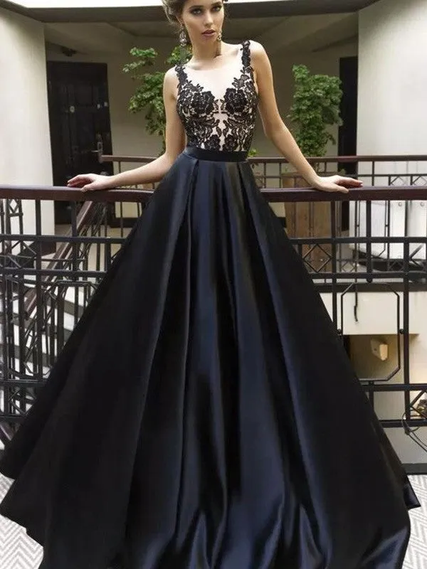 A-Line Sleeveless Lace Appliques Top Long Black Prom Dresses, PD0695
