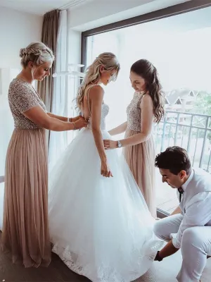 A-line Spaghetti Straps V-neck Lace Top Backless Long Tulle Wedding Dresses, WD0480