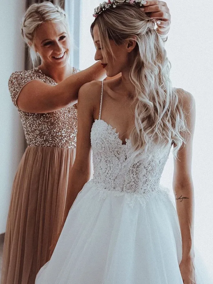 A-line Spaghetti Straps V-neck Lace Top Backless Long Tulle Wedding Dresses, WD0480