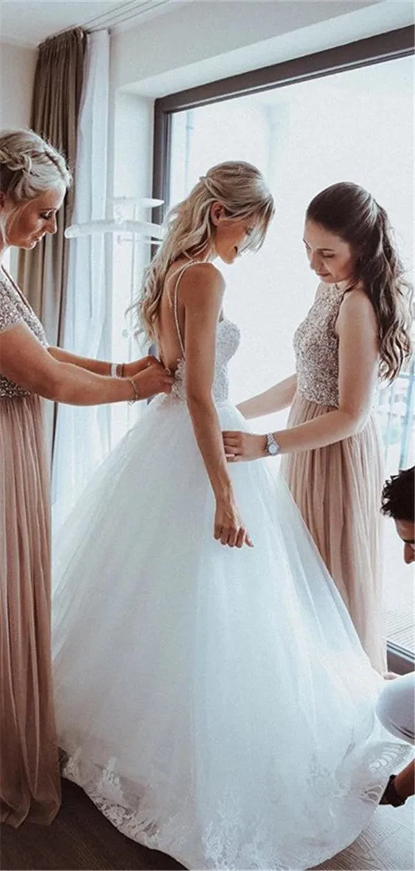 A-line Spaghetti Straps V-neck Lace Top Backless Long Tulle Wedding Dresses, WD0480