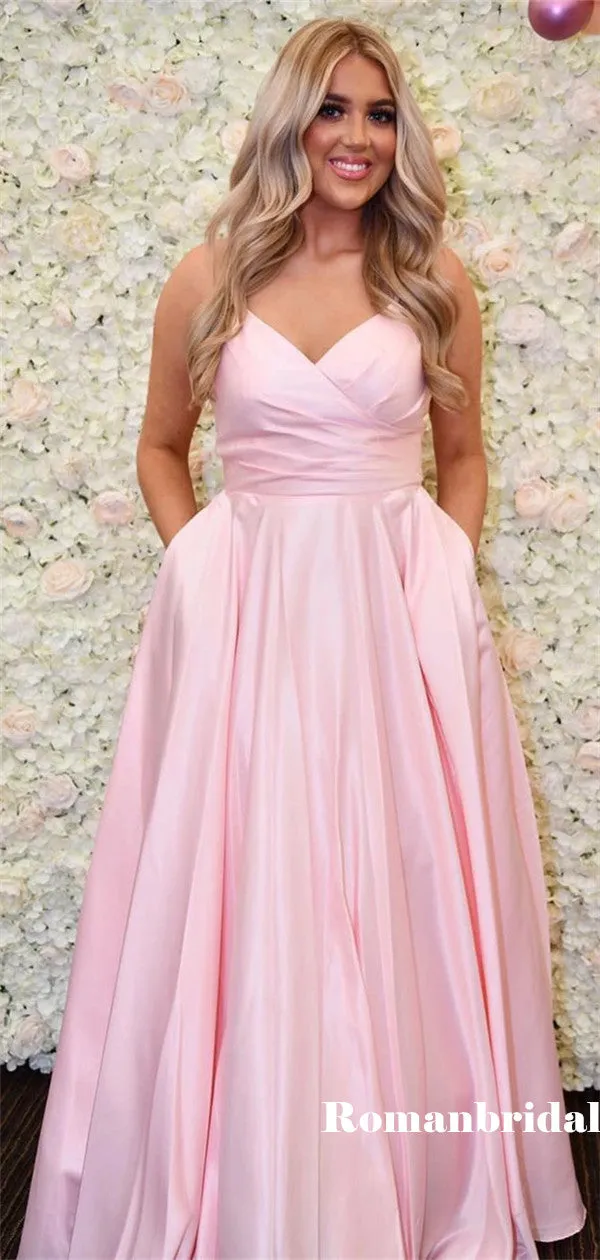A-line Spaghetti Straps V-neck Pink Long Prom Dresses With Pockets, PD0800