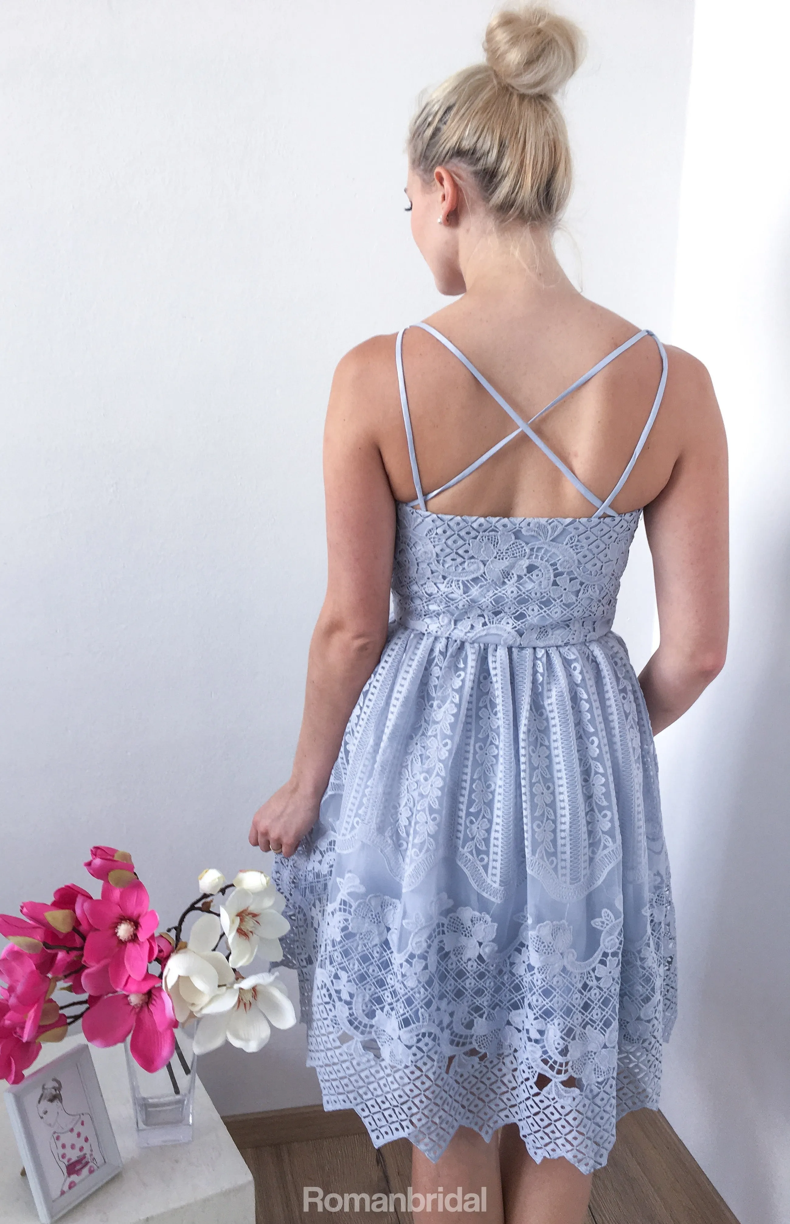 A-Line Sweetheart Spaghetti Straps Full Lace Sleeveless Short Homecoming Dress, HD0395