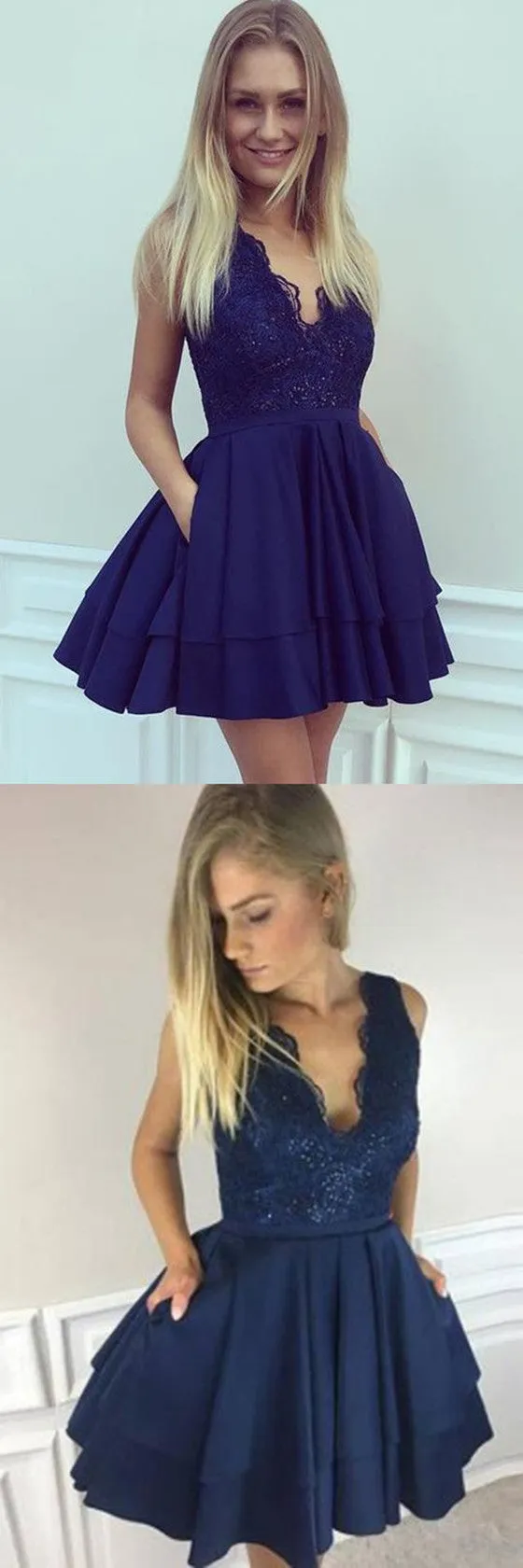 A-line V-neck Blue Lace Sleeveless Beading Party Dresses, Short Homecoming Dresses, HD0367