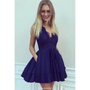 A-line V-neck Blue Lace Sleeveless Beading Party Dresses, Short Homecoming Dresses, HD0367