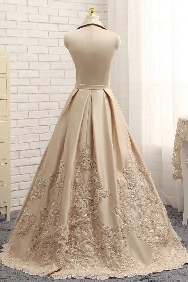 A-line V-neck Cap Sleeves Satin Appliques Lace Prom Gowns Long Formal Evening Dresses OK643