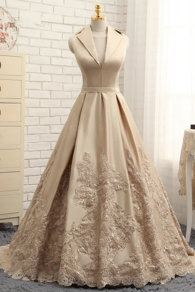 A-line V-neck Cap Sleeves Satin Appliques Lace Prom Gowns Long Formal Evening Dresses OK643