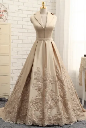 A-line V-neck Cap Sleeves Satin Appliques Lace Prom Gowns Long Formal Evening Dresses OK643