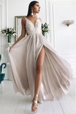 A-Line V-Neck Floor-Length Chiffon Prom Dresses with Appliques OKL37