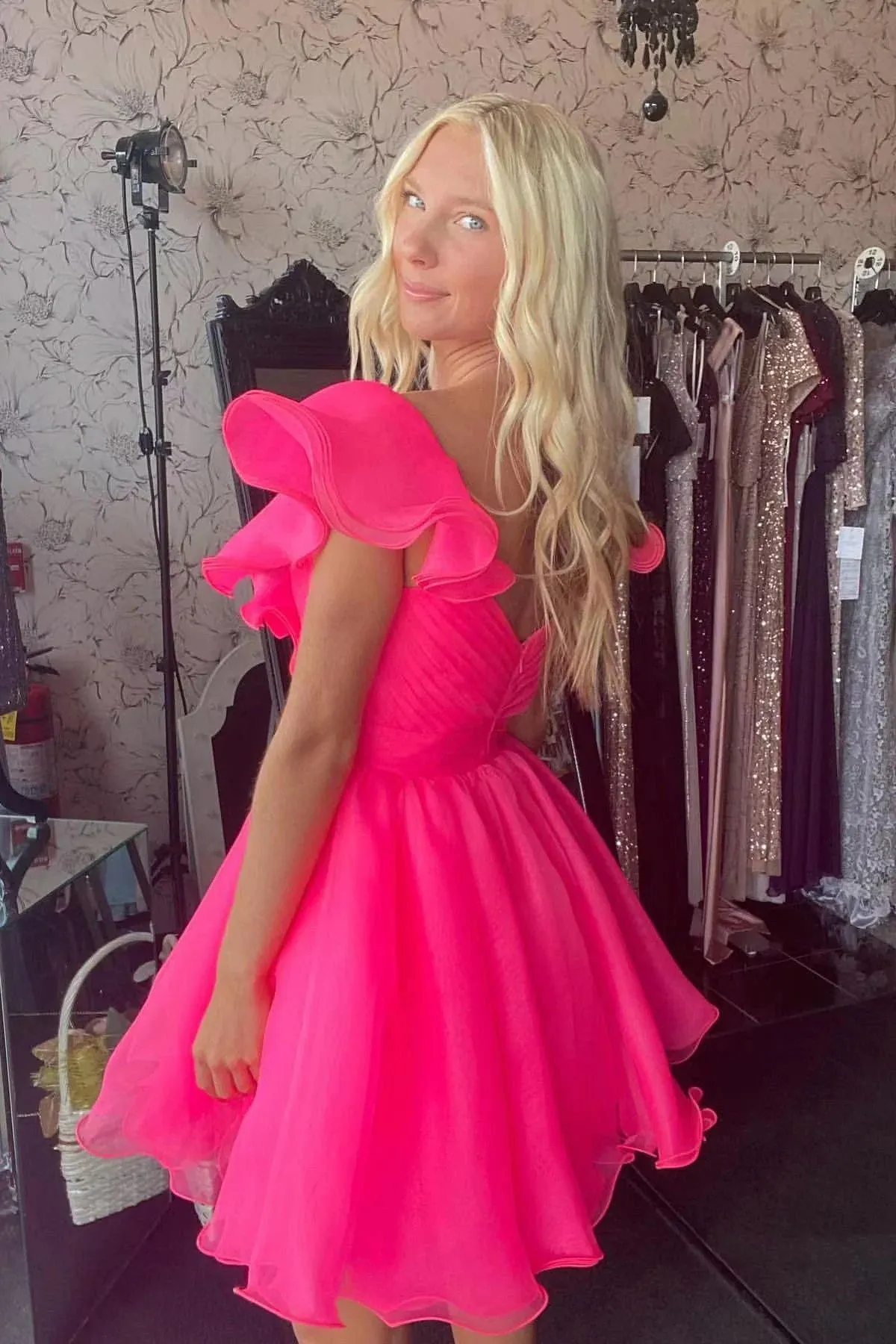 A-line V neck Hot Pink Homecoming Dress Flouncing Short Prom Dress OK1770