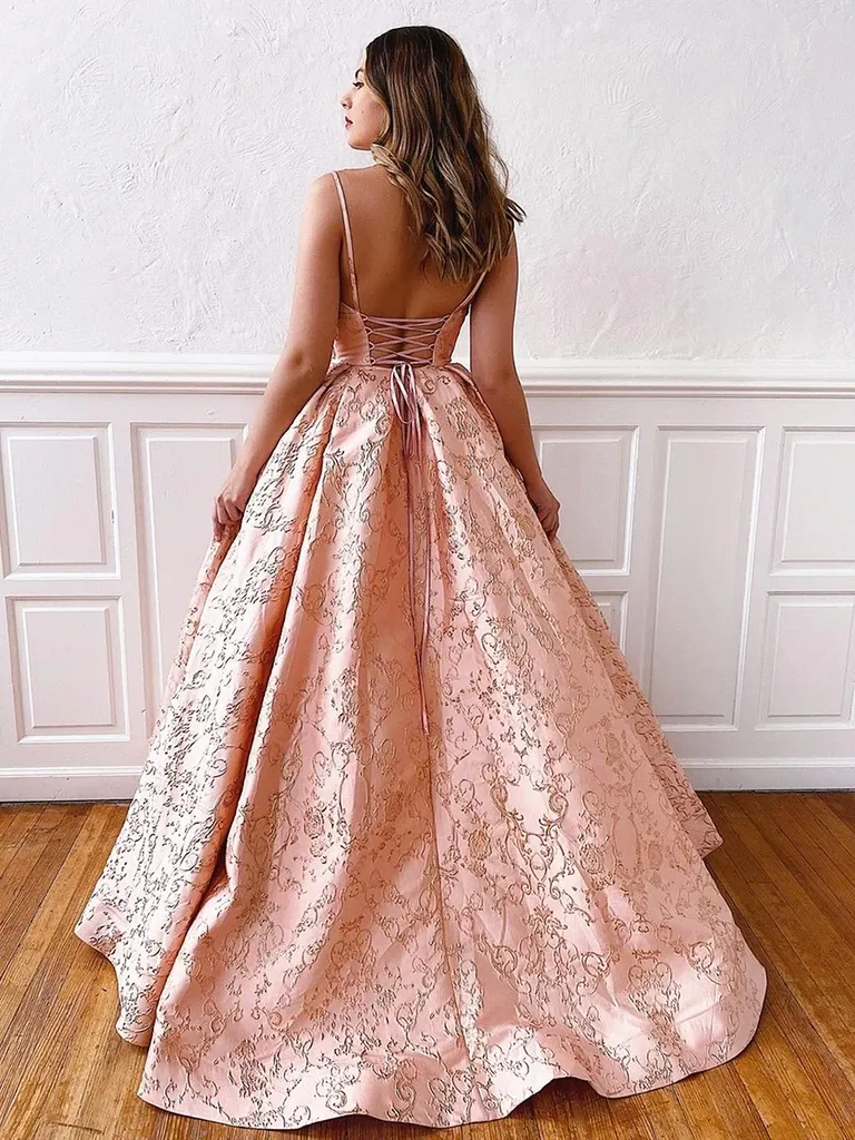 A-line V-neck Lace Appliques Lace-up Back Long Prom Dresses, PD0787