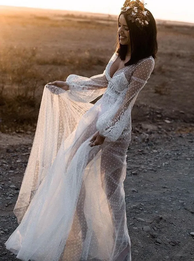 A-Line V-Neck Long Sleeves Beach Wedding Dresses with Appliques OKL49