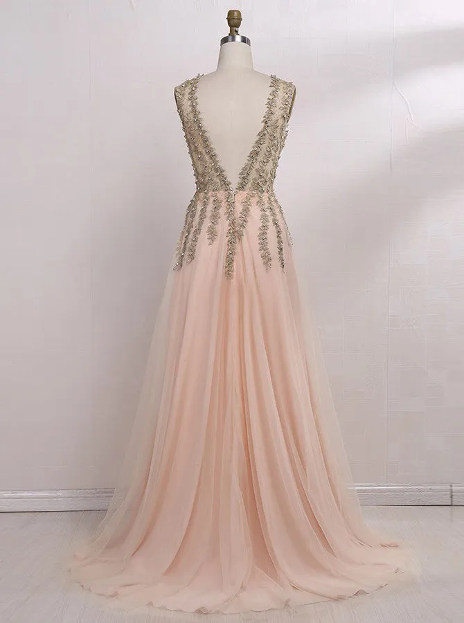A-line V-neck Tulle Sexy Shinny Rhinestone Long Prom Dresses With Slit OKA89