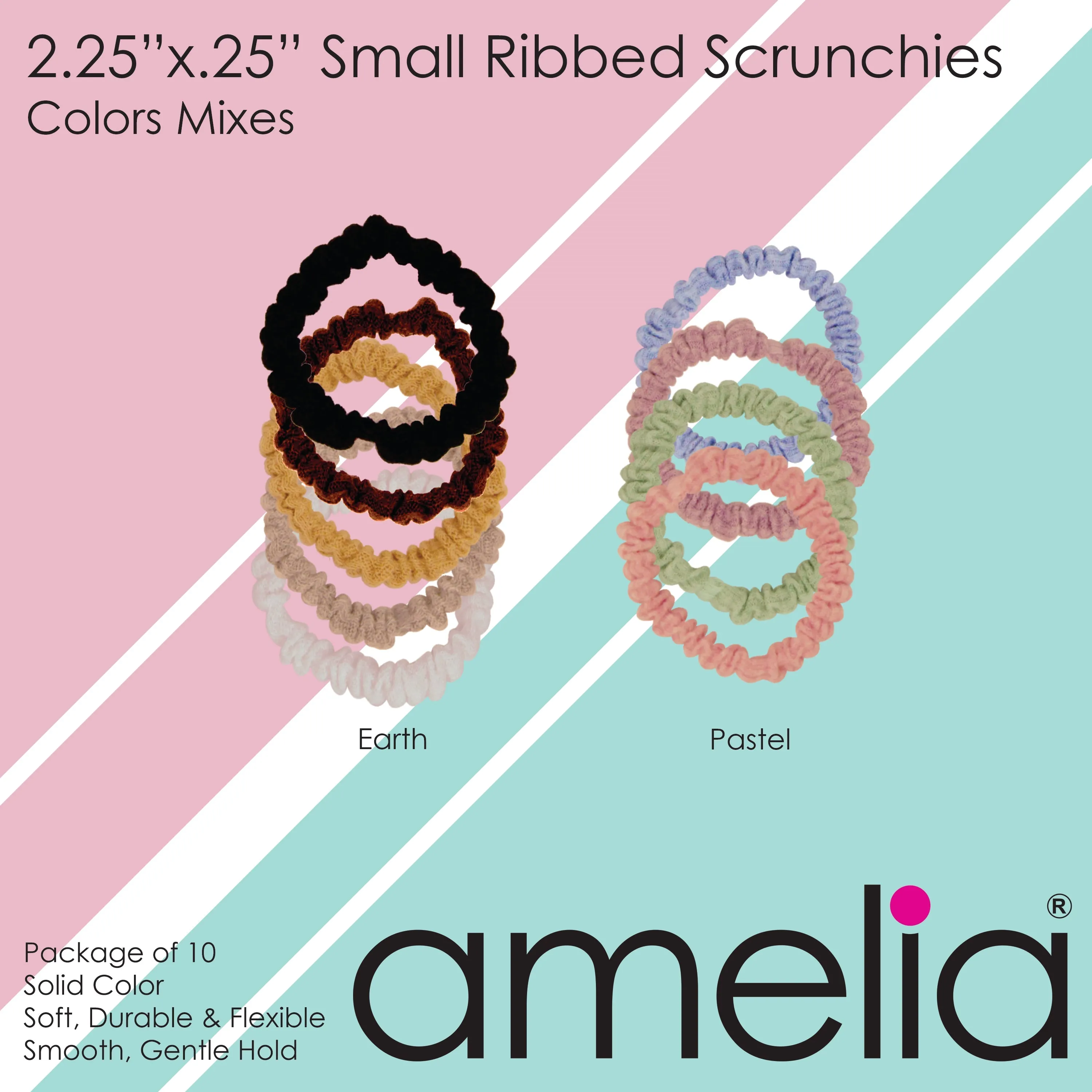 Amelia Beauty, Grey Ribbed Scrunchies, 2.25in Diameter, Gentle on Hair, Strong Hold, No Snag, No Dents or Creases. 10 Pack