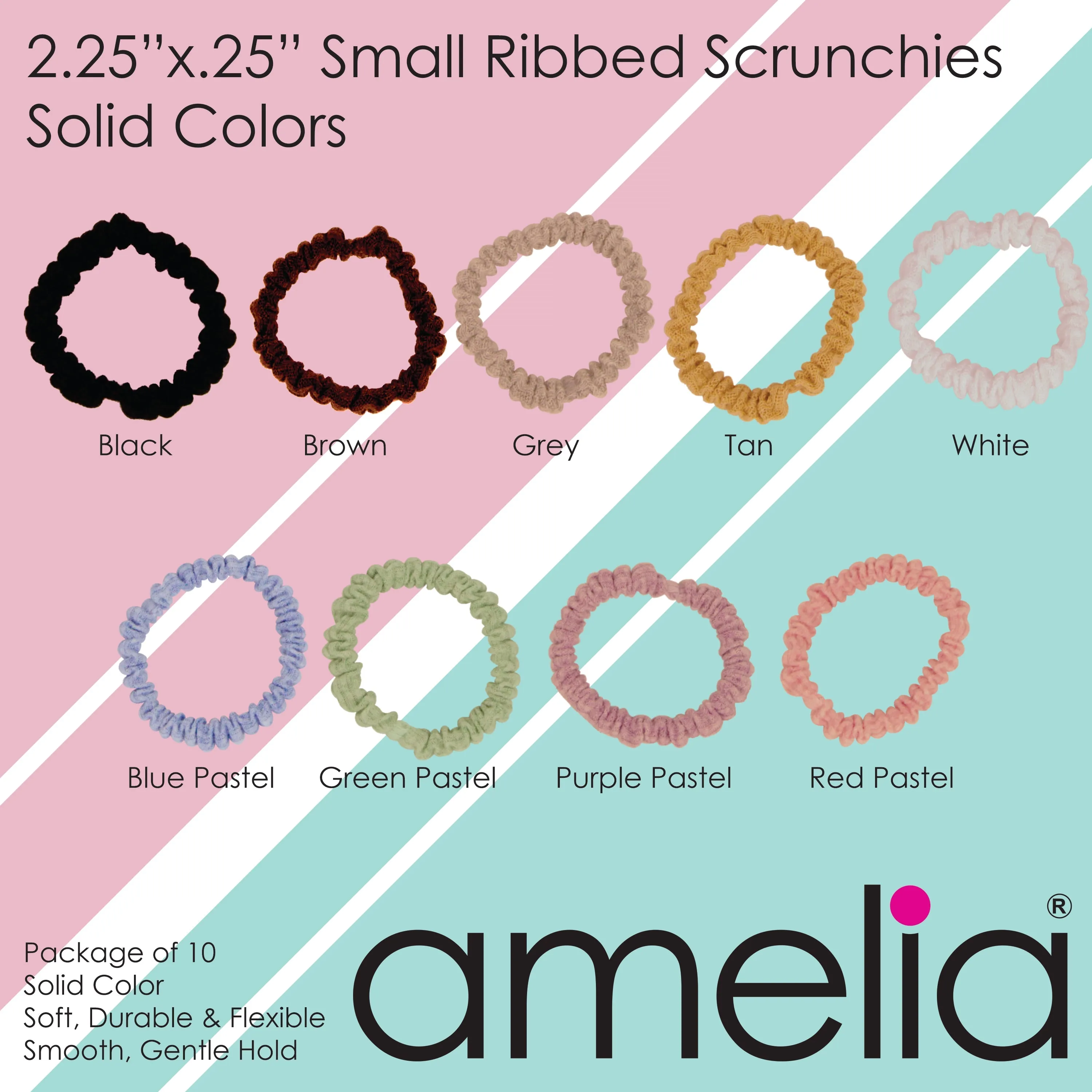 Amelia Beauty, Grey Ribbed Scrunchies, 2.25in Diameter, Gentle on Hair, Strong Hold, No Snag, No Dents or Creases. 10 Pack