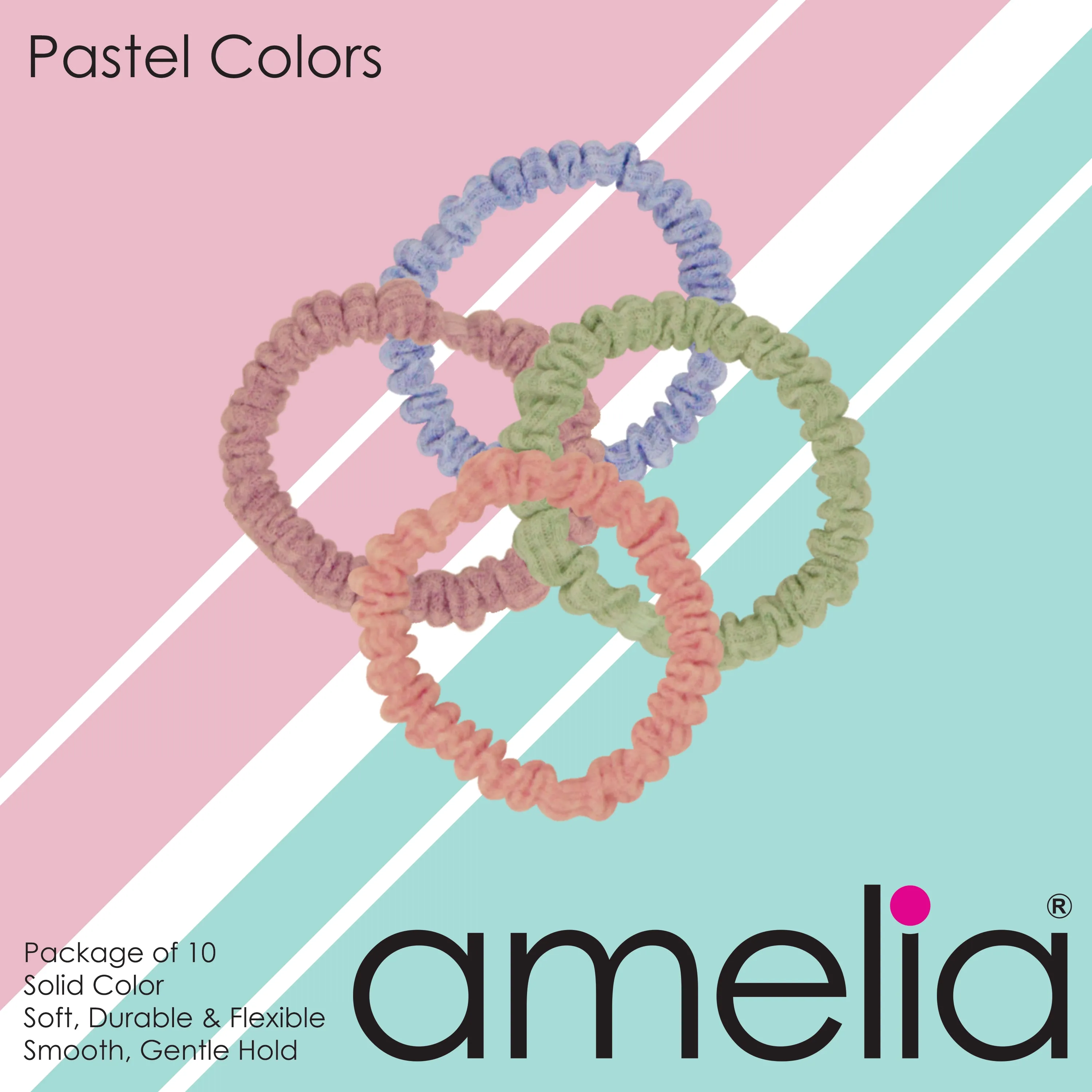 Amelia Beauty, Pastels Ribbed Scrunchies, 2.25in Diameter, Gentle on Hair, Strong Hold, No Snag, No Dents or Creases. 10 Pack