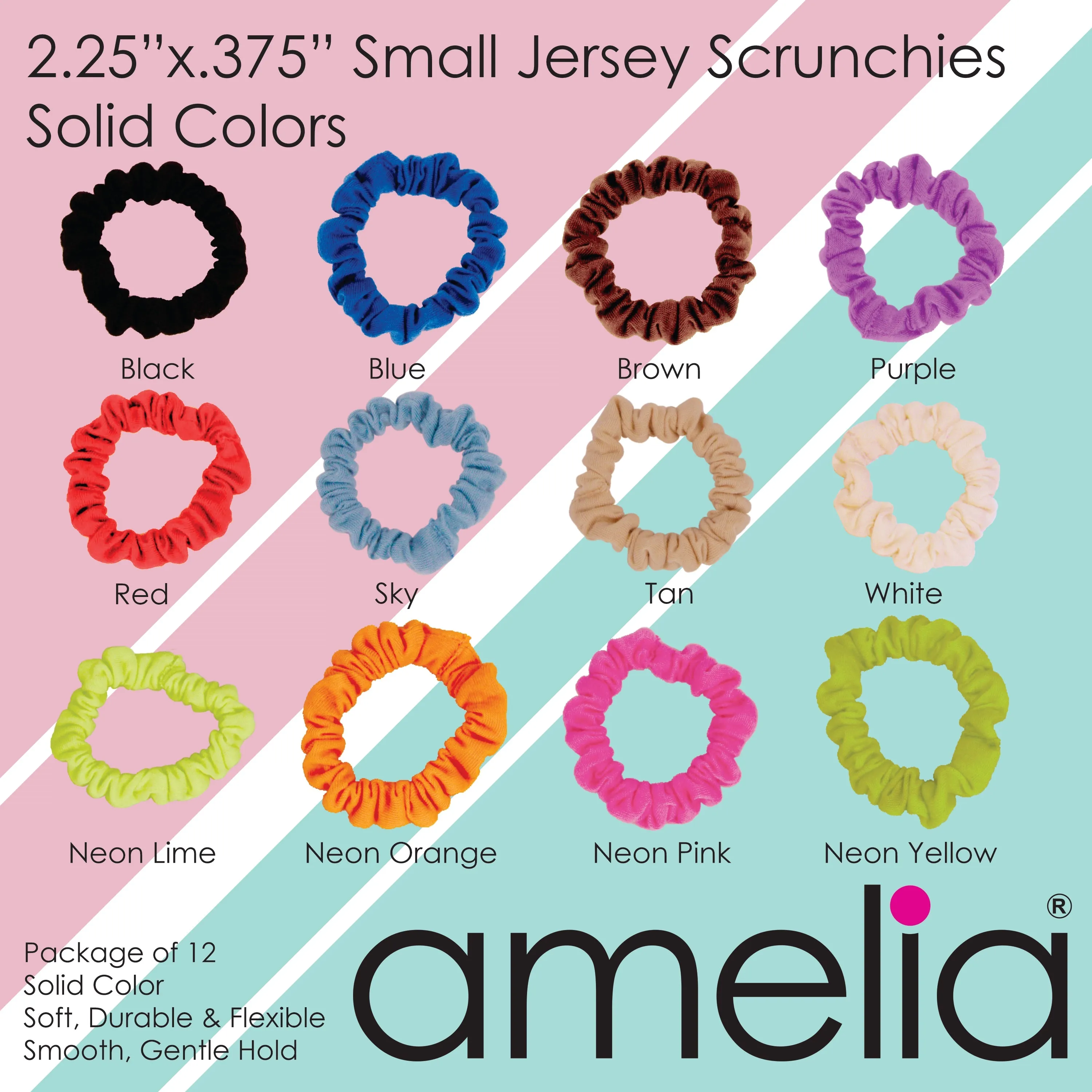Amelia Beauty, Rainbow Dots Jersey Scrunchies, 2.25in Diameter, Gentle on Hair, Strong Hold, No Snag, No Dents or Creases. 12 Pack