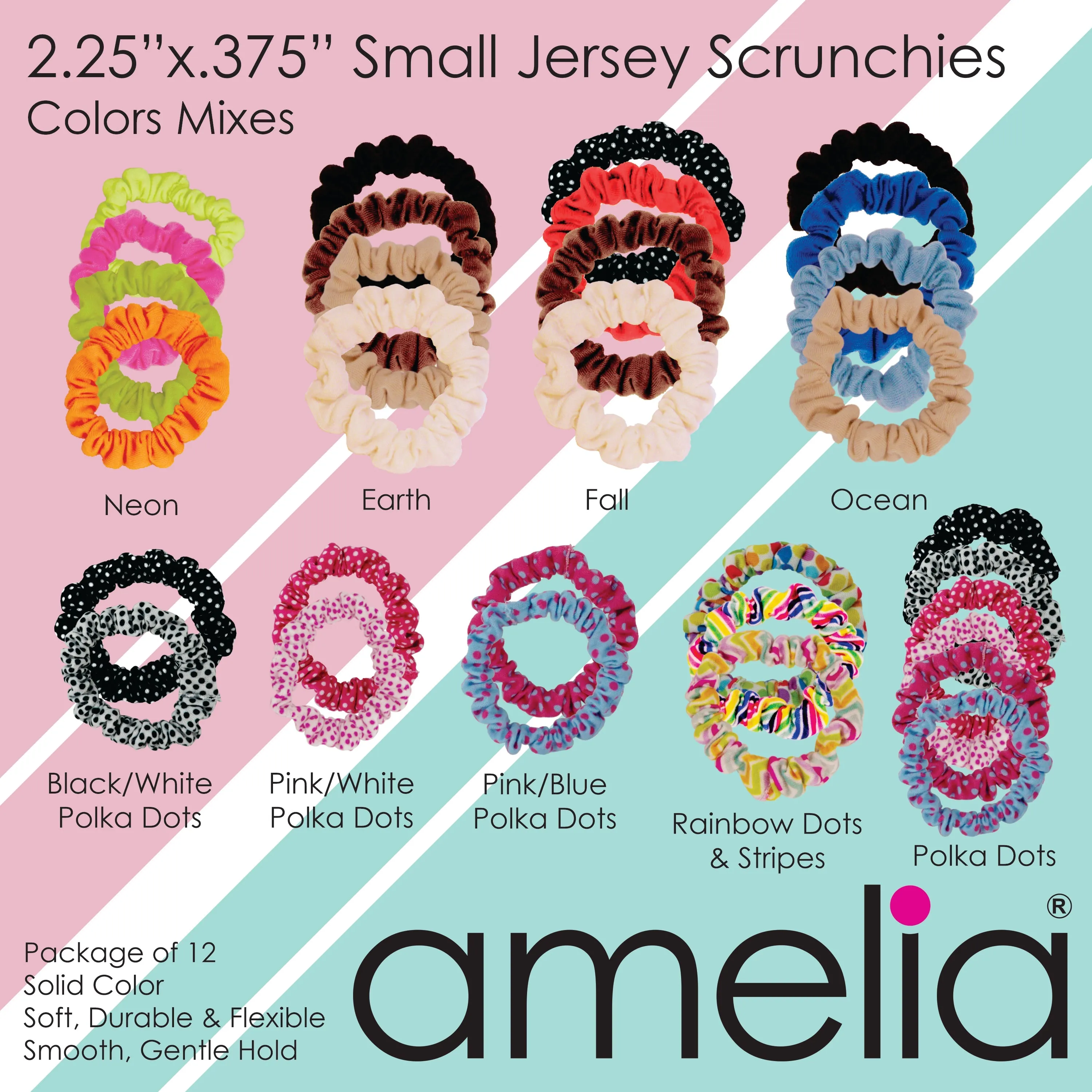 Amelia Beauty, Rainbow Dots Jersey Scrunchies, 2.25in Diameter, Gentle on Hair, Strong Hold, No Snag, No Dents or Creases. 12 Pack