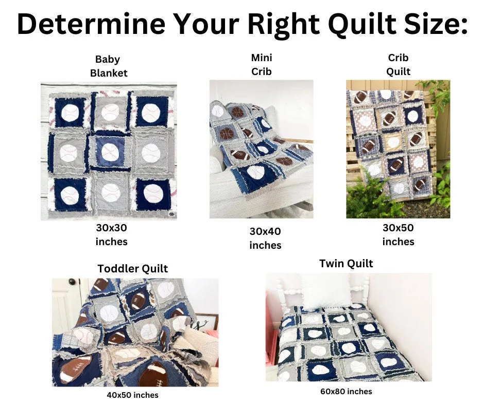 Baby Boy Rag Quilt, Sports Blanket for Baby Boy Crib Sets, Baseballs Basketballs Football Nursery Bedding for Boys