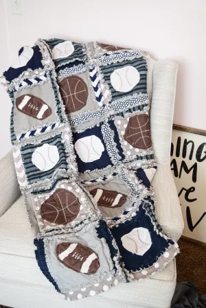 Baby Boy Rag Quilt, Sports Blanket for Baby Boy Crib Sets, Baseballs Basketballs Football Nursery Bedding for Boys
