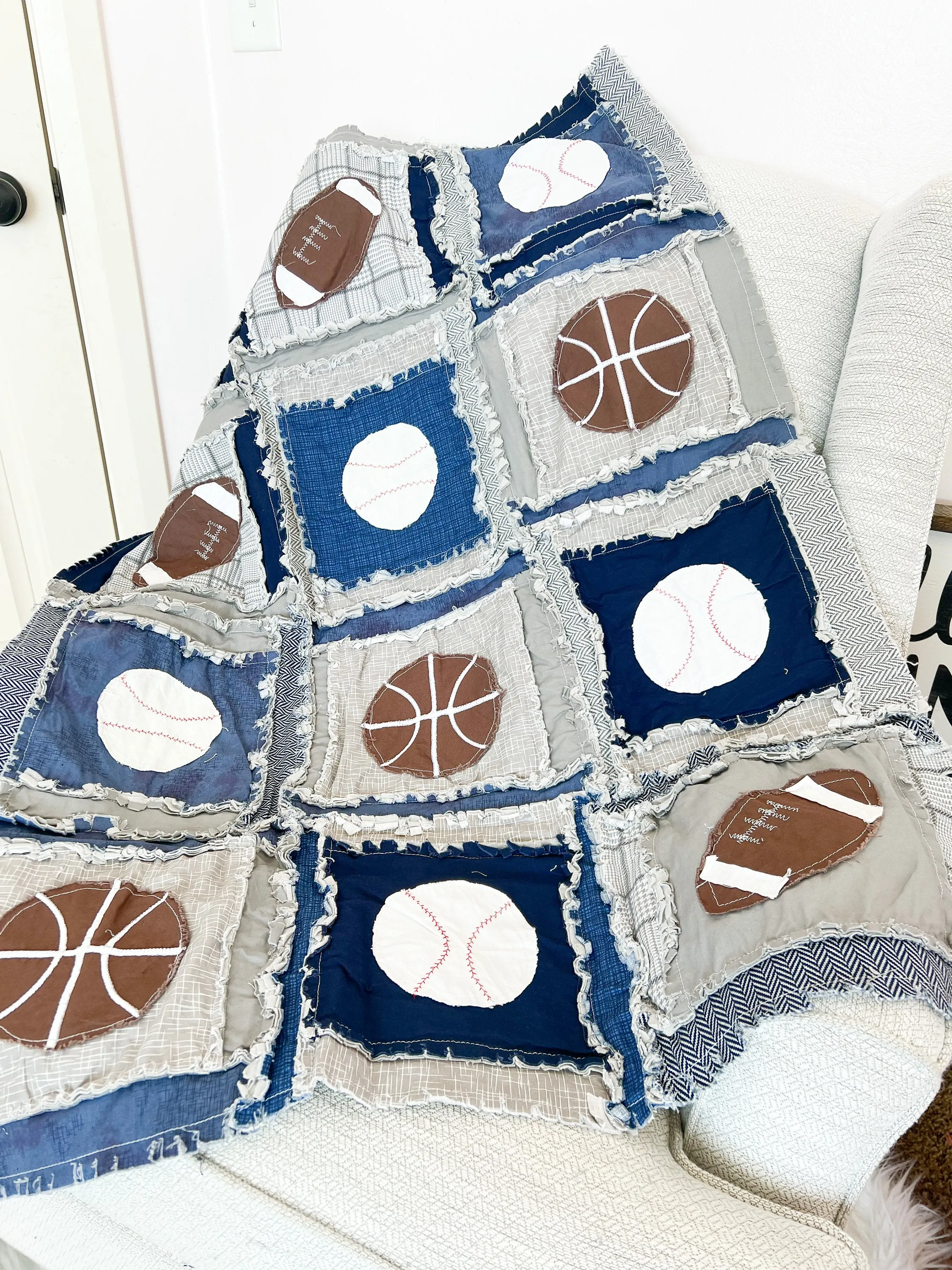 Baby Boy Rag Quilt, Sports Blanket for Baby Boy Crib Sets, Baseballs Basketballs Football Nursery Bedding for Boys