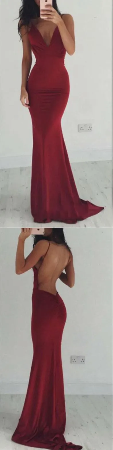 Backless Sexy Burgundy V-neck Mermaid Evening Long Prom Dresses, BG51010