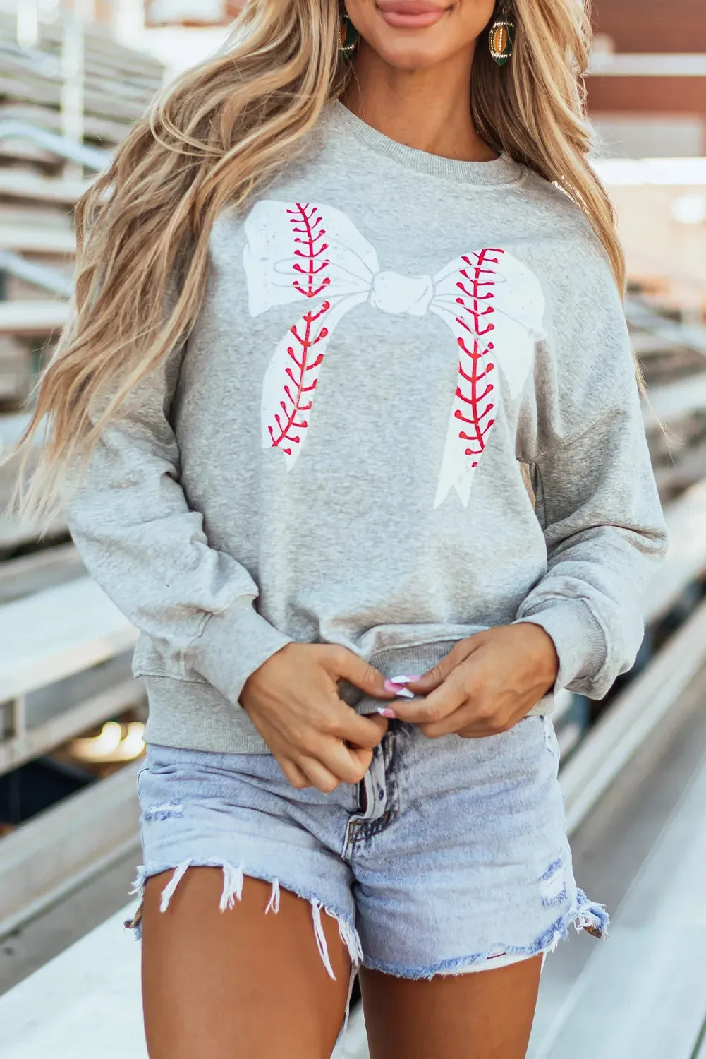 Baseball Bow Graphic Round Neck Long Sleeve Sweatshirt
