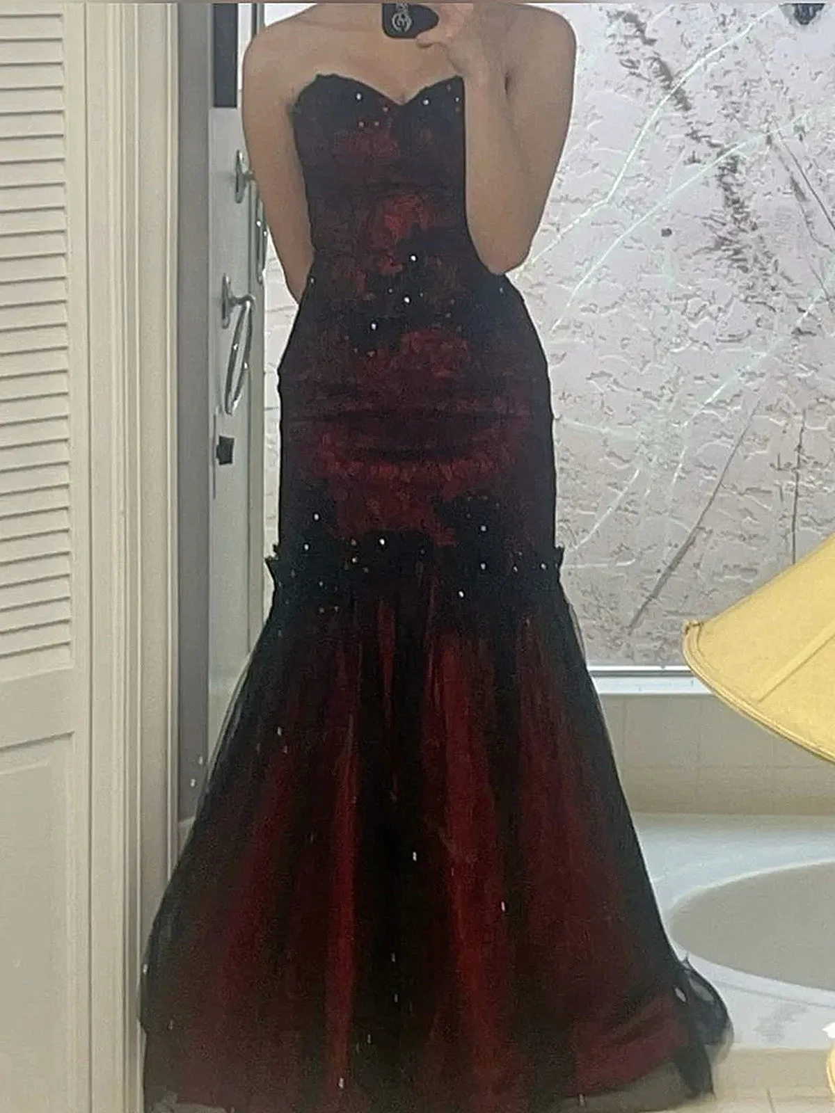 Black and Red Sweetheart Tulle with Lace Party Dress, Mermaid Long Prom Dress