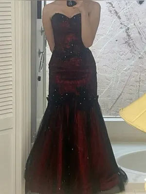 Black and Red Sweetheart Tulle with Lace Party Dress, Mermaid Long Prom Dress