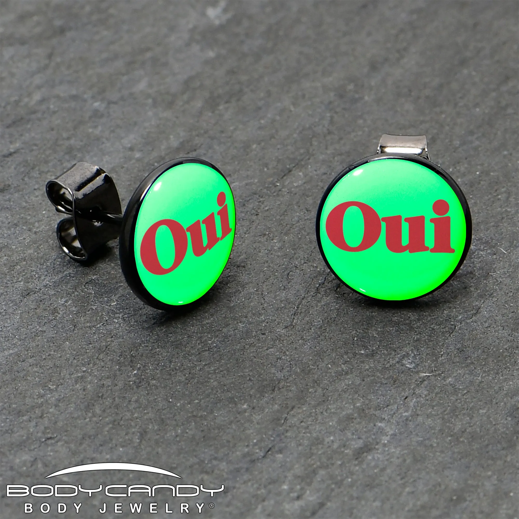 Black Anodized OUI Glow in the Dark Stud Earrings