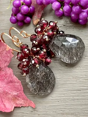 Black Rutilated Quartz and Garnet Cluster Earrings