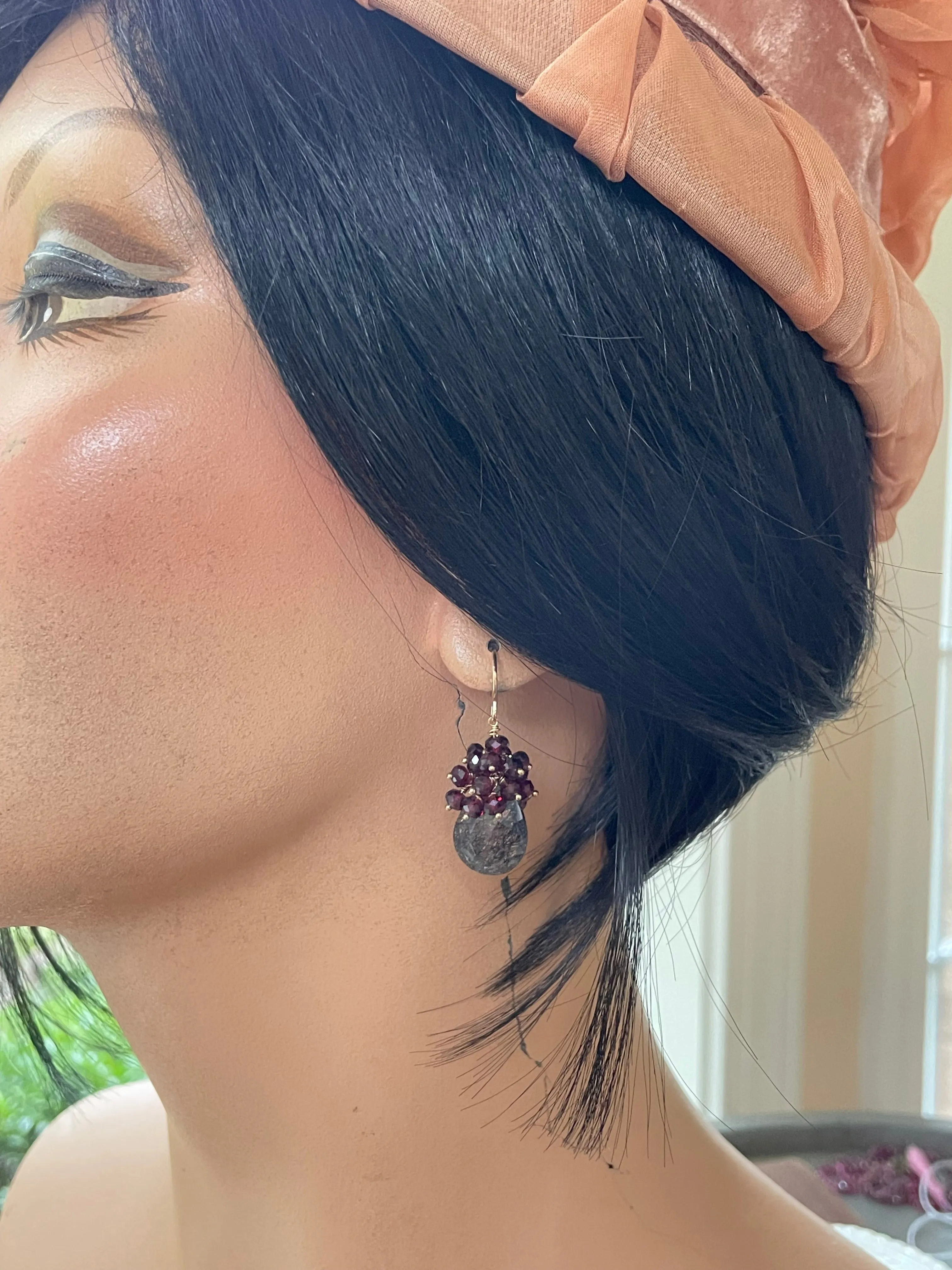 Black Rutilated Quartz and Garnet Cluster Earrings