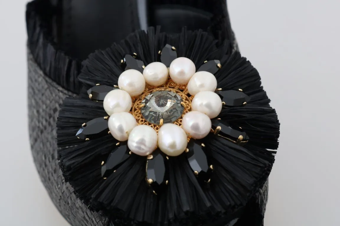 Black Straw Open Toes Crystal Sandals