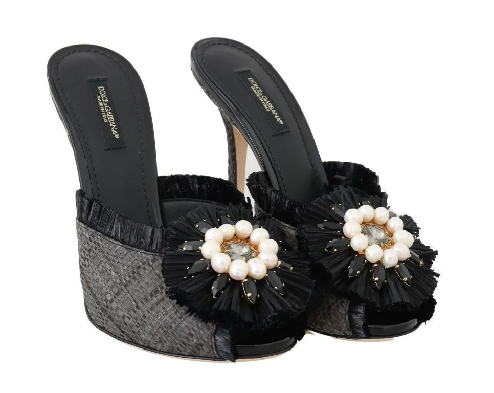 Black Straw Open Toes Crystal Sandals