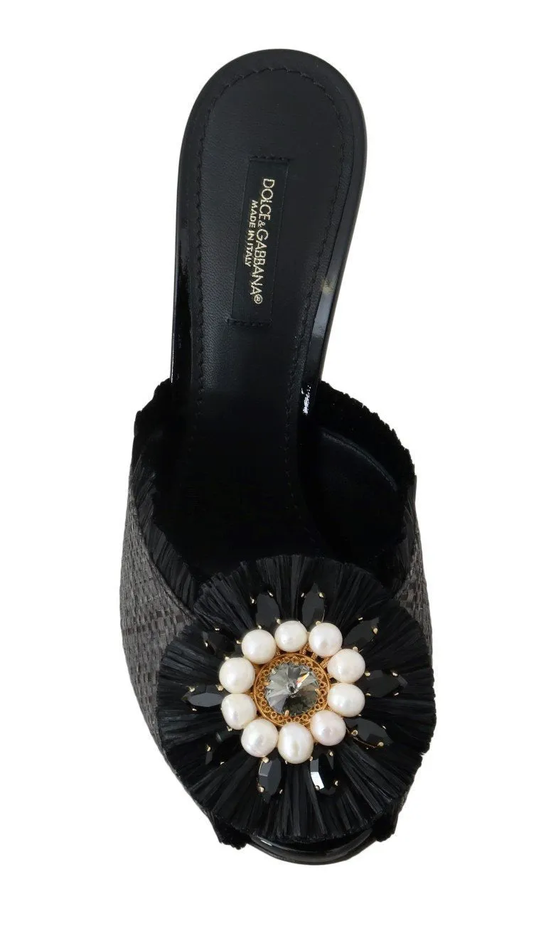 Black Straw Open Toes Crystal Sandals