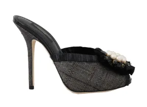 Black Straw Open Toes Crystal Sandals