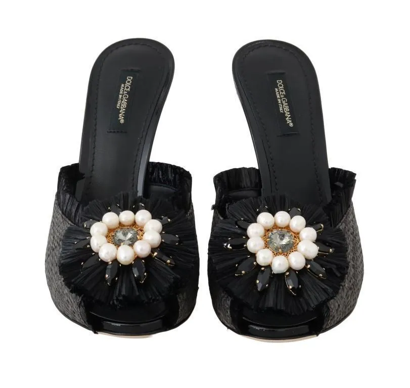 Black Straw Open Toes Crystal Sandals