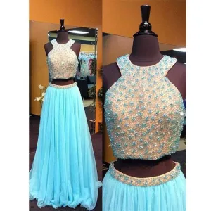 Blue 2 Pieces Beaded Top Tulle Charming Long Prom Dresses, BG51482
