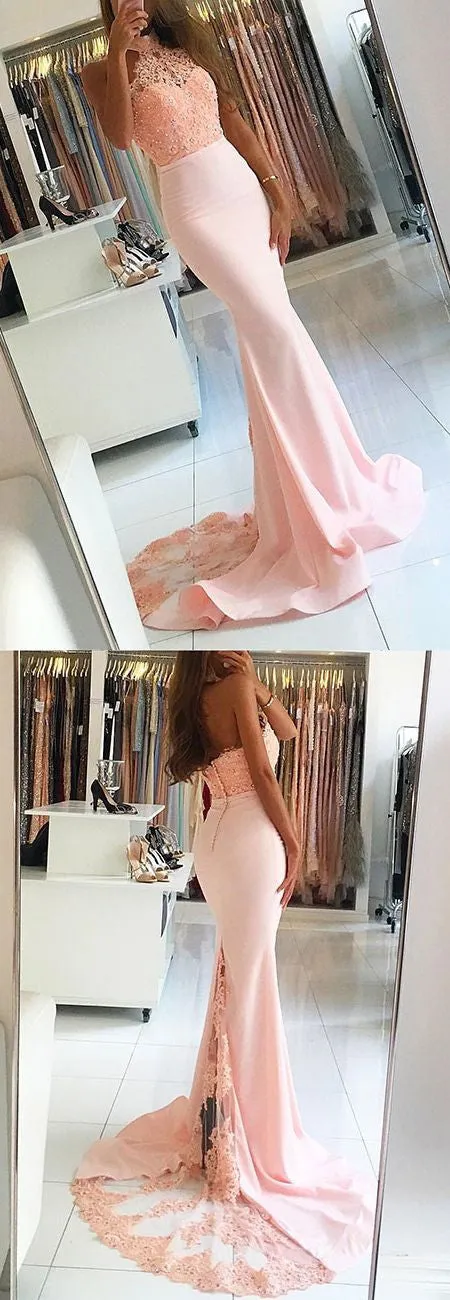 Blush Pink Halter Mermaid Sexy Lace Long Bridesmaid Dresses, BG51550