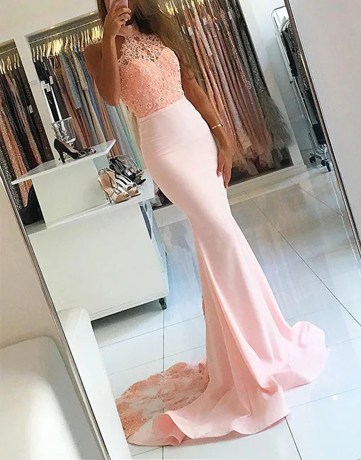 Blush Pink Halter Mermaid Sexy Lace Long Bridesmaid Dresses, BG51550